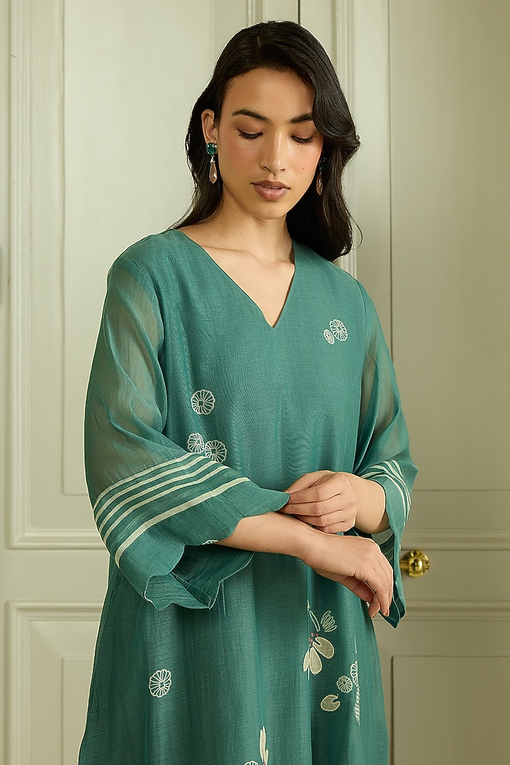 Emerald Muslin Cotton Embroidered & Printed Summer Dress by Vaayu at Pernia's Pop Up Shop