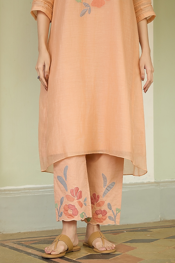 Peach Muslin Cotton Embroidered Co-Ord Set by Vaayu at Pernia's Pop Up Shop