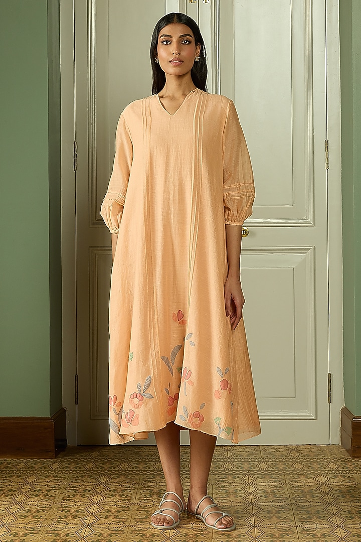 Peach Muslin Cotton Embroidered Summer Dress by Vaayu at Pernia's Pop Up Shop