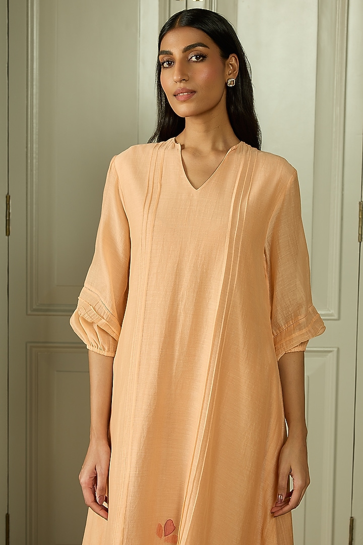 Peach Muslin Cotton Embroidered Summer Dress by Vaayu at Pernia's Pop Up Shop
