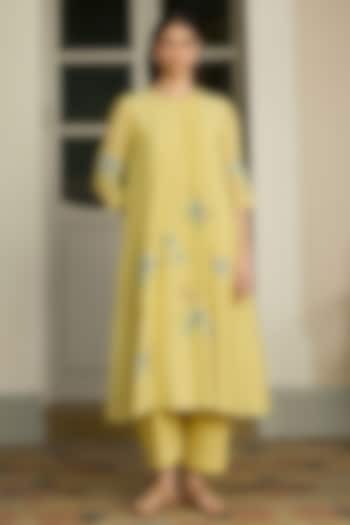 Lemon Muslin Cotton Embroidered Co-Ord Set by Vaayu at Pernia's Pop Up Shop