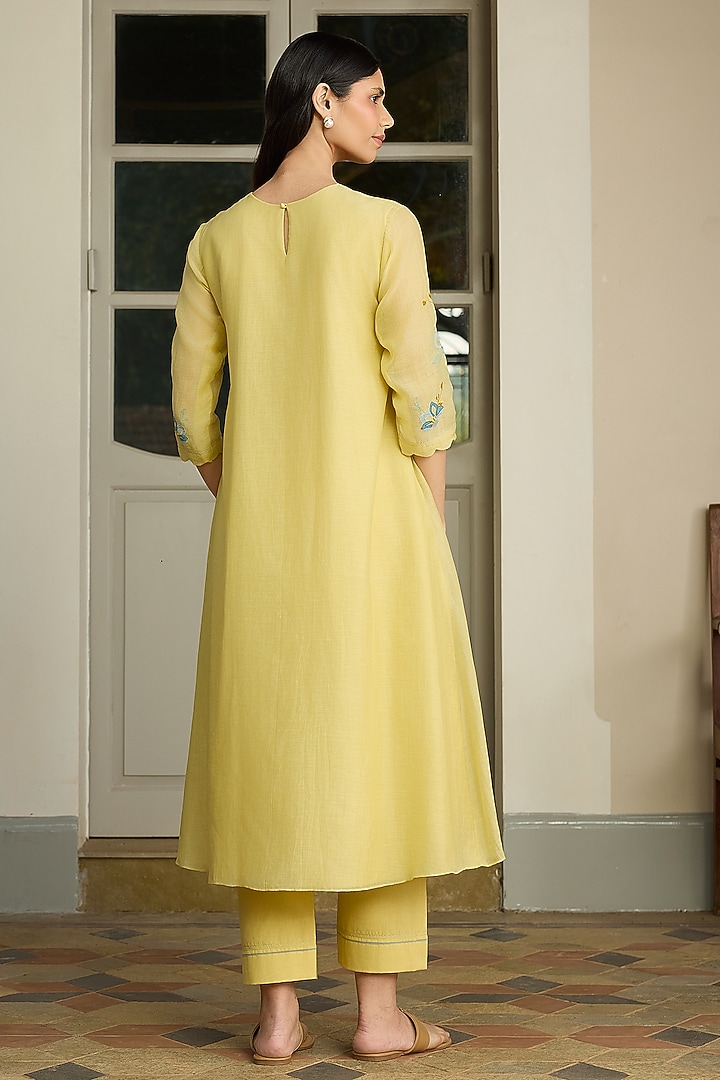 Lemon Muslin Cotton Embroidered Co-Ord Set by Vaayu at Pernia's Pop Up Shop