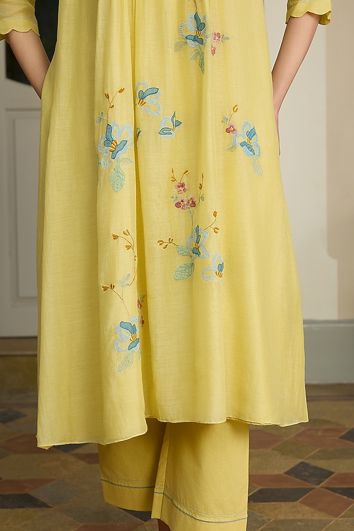 Lemon Muslin Cotton Embroidered Co-Ord Set by Vaayu at Pernia's Pop Up Shop