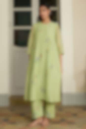 Lime Muslin Cotton Embroidered Co-Ord Set by Vaayu at Pernia's Pop Up Shop