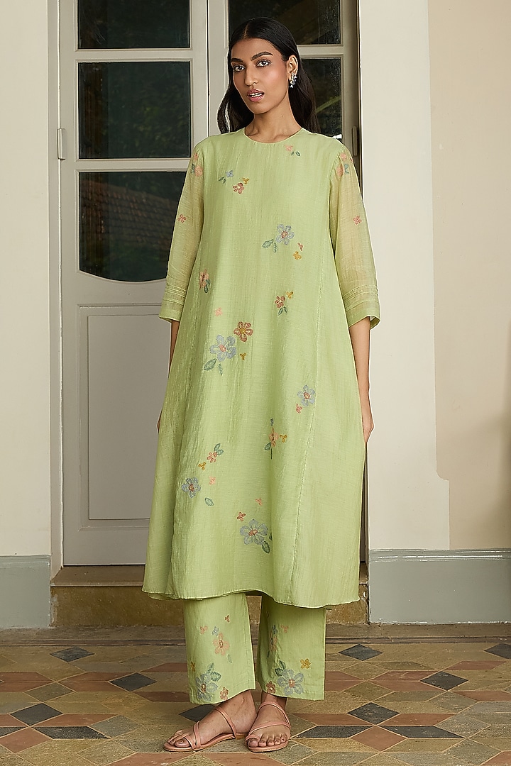 Lime Muslin Cotton Embroidered Co-Ord Set by Vaayu at Pernia's Pop Up Shop