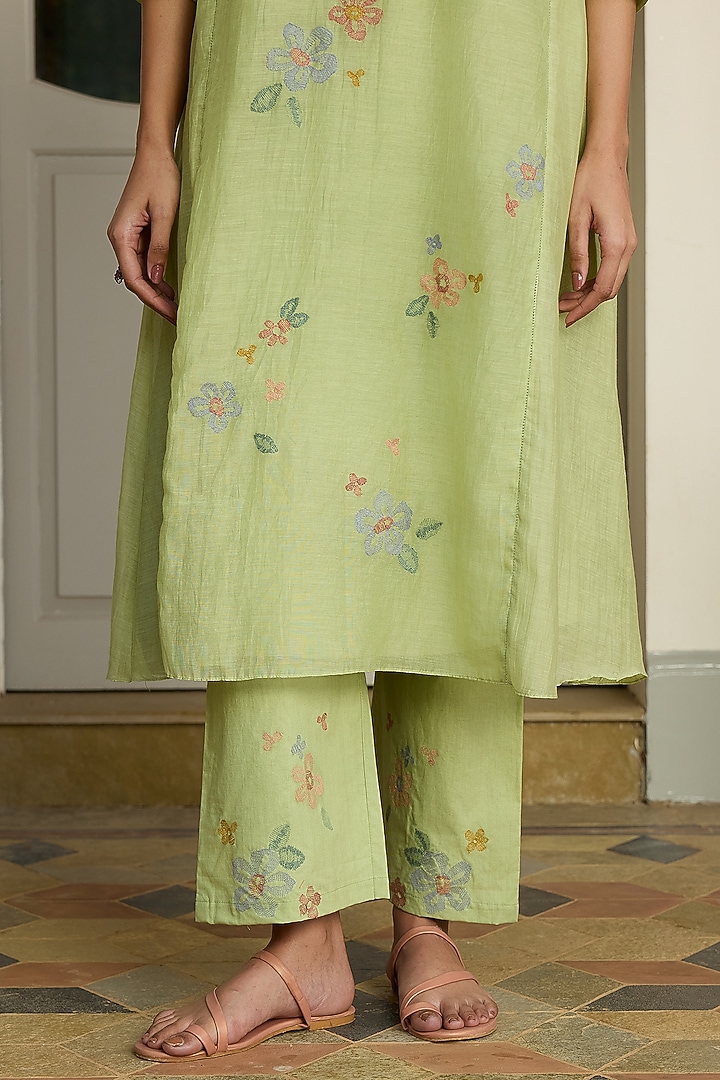 Lime Muslin Cotton Embroidered Co-Ord Set by Vaayu at Pernia's Pop Up Shop