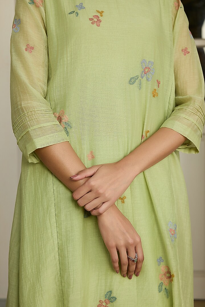 Lime Muslin Cotton Embroidered Co-Ord Set by Vaayu at Pernia's Pop Up Shop