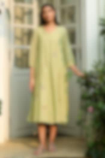 Lime Muslin Cotton Embroidered Summer Dress by Vaayu at Pernia's Pop Up Shop