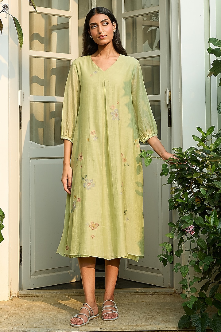 Lime Muslin Cotton Embroidered Summer Dress by Vaayu at Pernia's Pop Up Shop