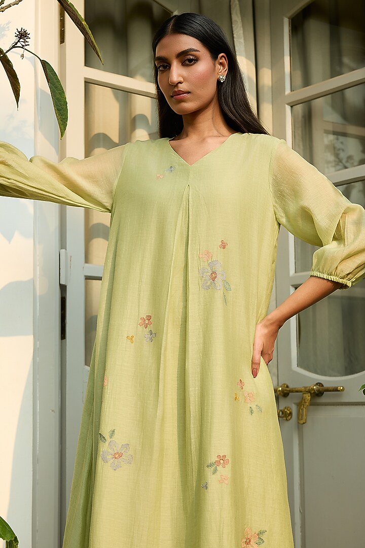 Lime Muslin Cotton Embroidered Summer Dress by Vaayu at Pernia's Pop Up Shop