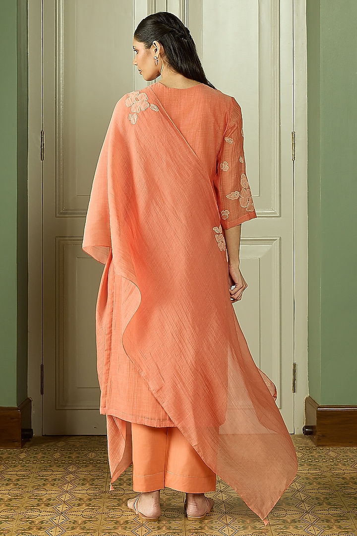 Tangerine Muslin Cotton Embroidered Kurta Set by Vaayu at Pernia's Pop Up Shop