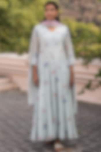 Azure Blue Embroidered Party Wear Anarkali Set by Vaayu at Pernia's Pop Up Shop