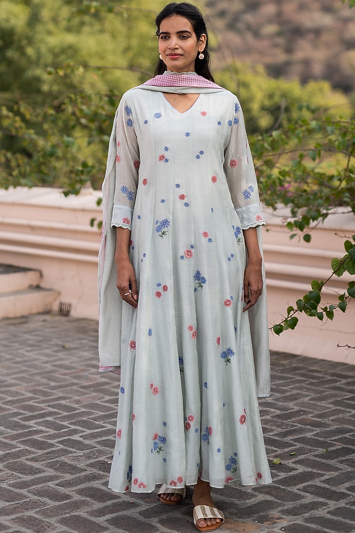 Azure Blue Embroidered Party Wear Anarkali Set by Vaayu at Pernia's Pop Up Shop