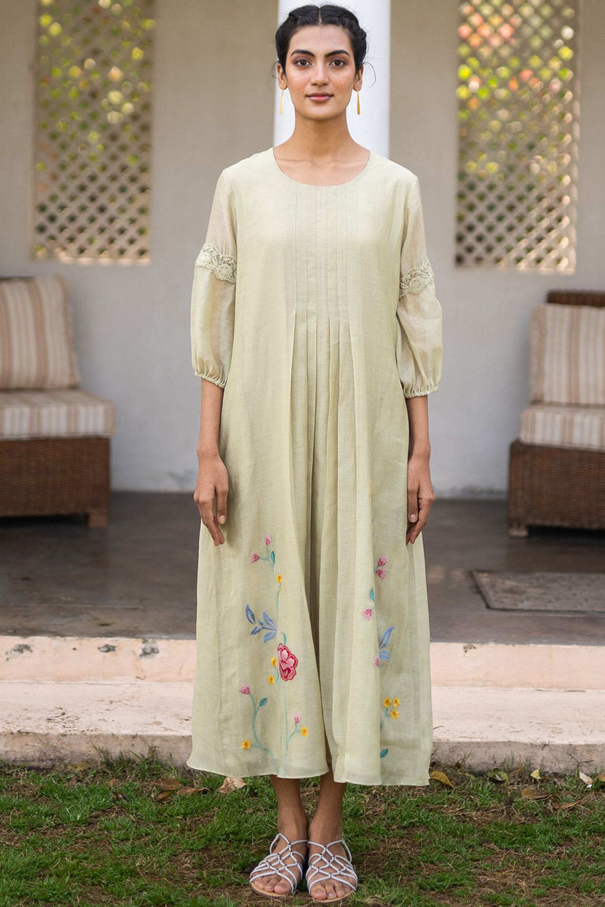Khaki Embroidered Dress by Vaayu