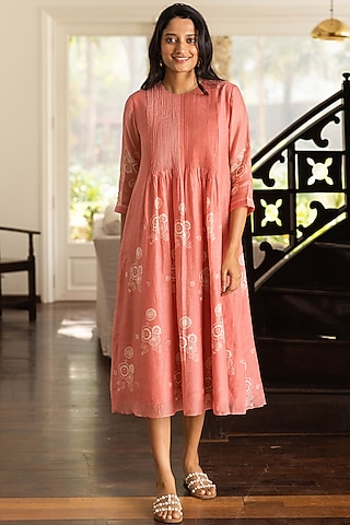 Coral Muslin Cotton Floral Printed Midi Dress by Vaayu
