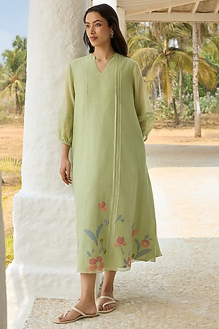 Lime Muslin Cotton Applique Embroidered Dress by Vaayu