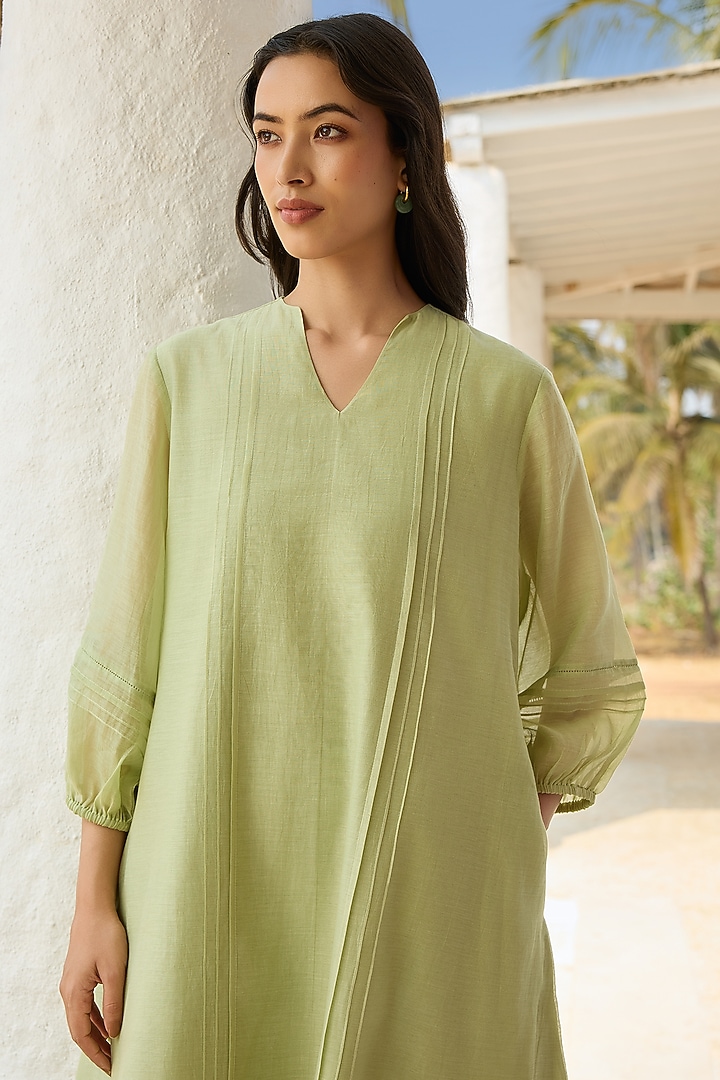 Lime Muslin Cotton Applique Embroidered Summer Dress by Vaayu at Pernia's Pop Up Shop