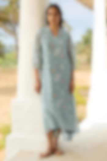 Sky Blue Muslin Cotton Thread Embroidered Summer Dress by Vaayu at Pernia's Pop Up Shop