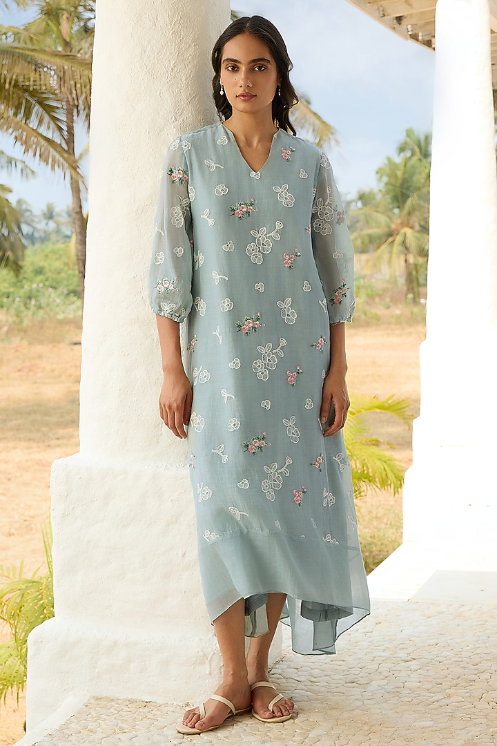 Sky Blue Muslin Cotton Thread Embroidered Summer Dress by Vaayu at Pernia's Pop Up Shop