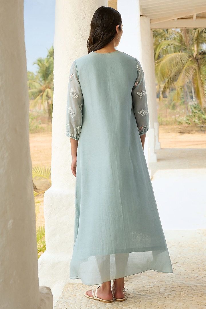 Sky Blue Muslin Cotton Thread Embroidered Summer Dress by Vaayu at Pernia's Pop Up Shop