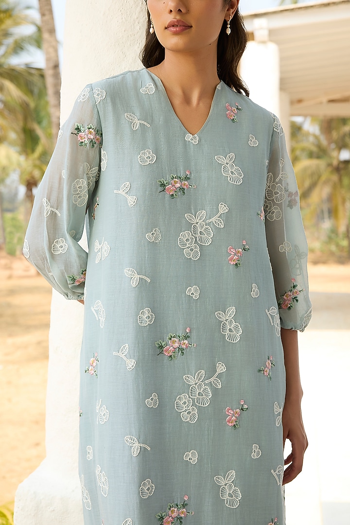 Sky Blue Muslin Cotton Thread Embroidered Summer Dress by Vaayu at Pernia's Pop Up Shop