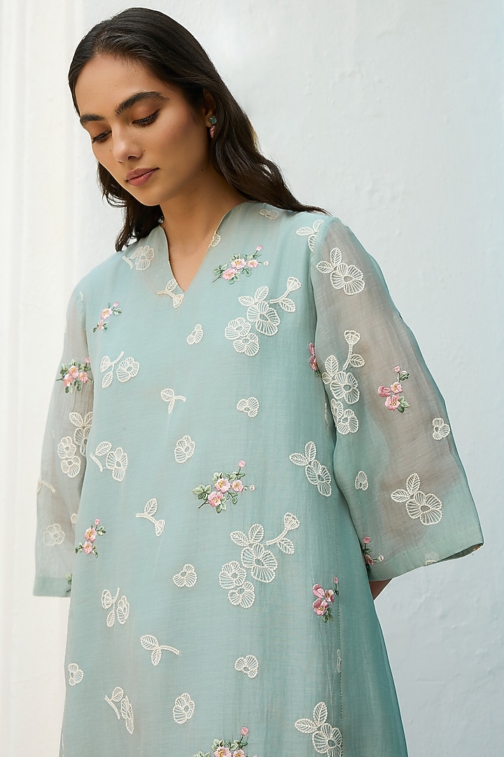Sky Blue Muslin Cotton Thread Embroidered Summer Dress by Vaayu at Pernia's Pop Up Shop