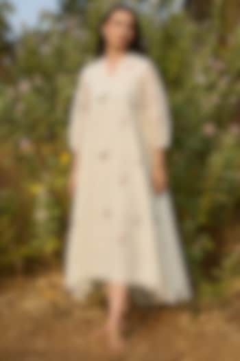 Ivory Muslin Cotton Thread Embroidered Summer Dress by Vaayu at Pernia's Pop Up Shop