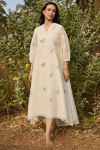 zara embroidered blue dress Ivory Floral Embroidered Maxi Skirt - Two Piece Sets