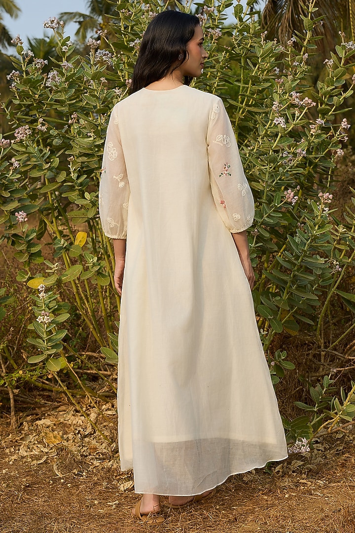 Ivory Muslin Cotton Thread Embroidered Summer Dress by Vaayu at Pernia's Pop Up Shop