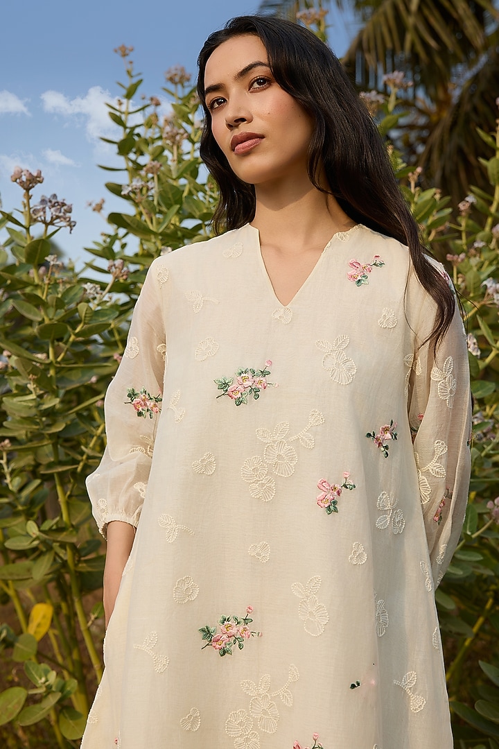 Ivory Muslin Cotton Thread Embroidered Summer Dress by Vaayu at Pernia's Pop Up Shop