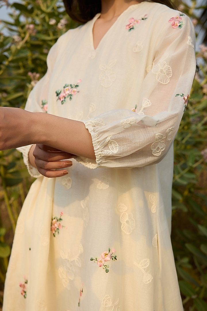 Ivory Muslin Cotton Thread Embroidered Summer Dress by Vaayu at Pernia's Pop Up Shop