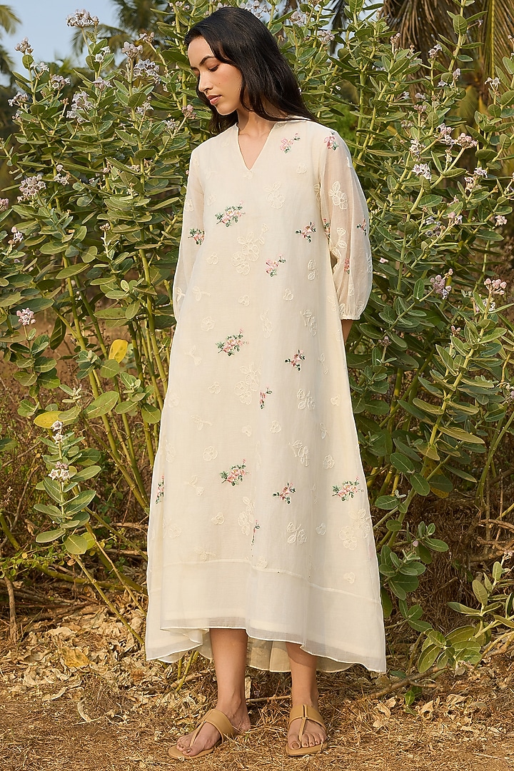 Ivory Muslin Cotton Thread Embroidered Summer Dress by Vaayu at Pernia's Pop Up Shop