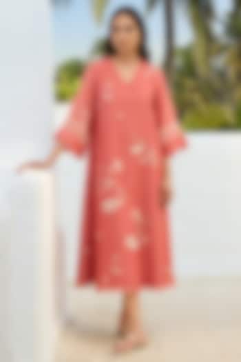Hibiscus-Colored Muslin Cotton Floral Embroidered Midi Summer Dress by Vaayu at Pernia's Pop Up Shop