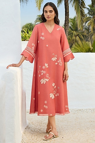Hibiscus-Colored Muslin Cotton Floral Embroidered Midi Dress by Vaayu