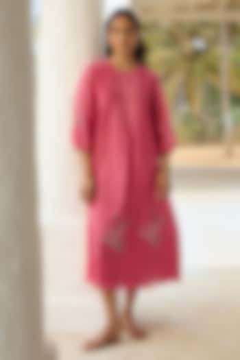 Rose-Colored Muslin Cotton Applique Embroidered Summer Dress by Vaayu at Pernia's Pop Up Shop