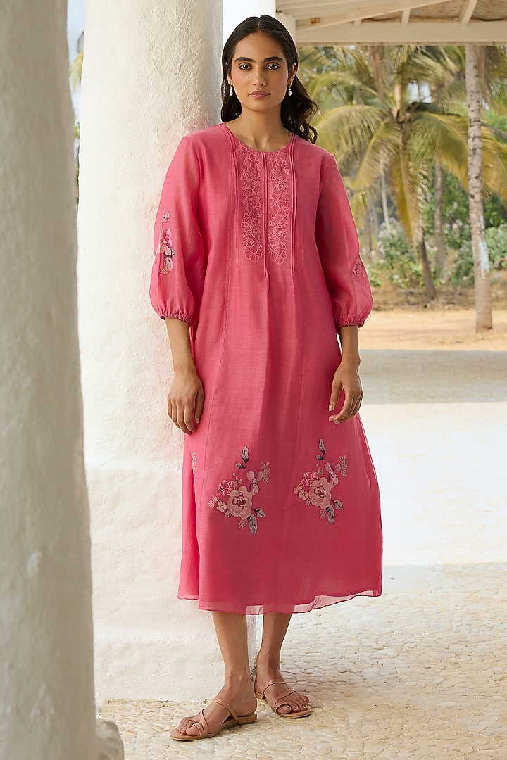Rose-Colored Muslin Cotton Applique Embroidered Summer Dress by Vaayu at Pernia's Pop Up Shop