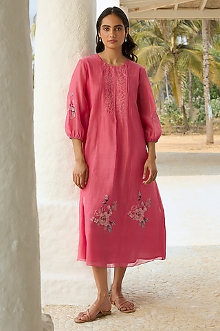 Rose-Colored Muslin Cotton Applique Embroidered Dress by Vaayu