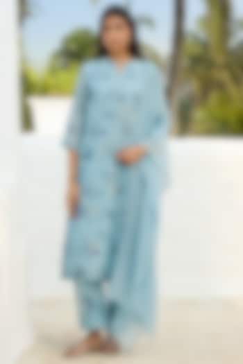 Sky Blue Muslin Cotton Printed & Applique Embroidered Kurta Set by Vaayu at Pernia's Pop Up Shop