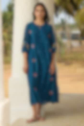 Sapphire Muslin Cotton Printed & Thread Embroidered Summer Dress by Vaayu at Pernia's Pop Up Shop