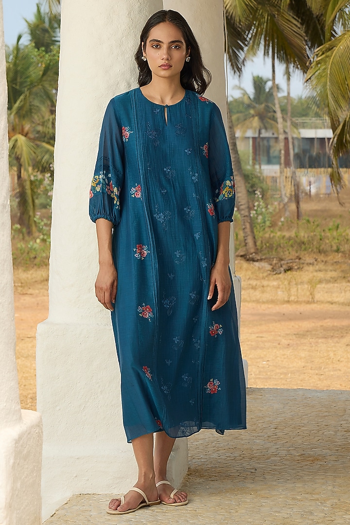 Sapphire Muslin Cotton Printed & Thread Embroidered Summer Dress by Vaayu at Pernia's Pop Up Shop