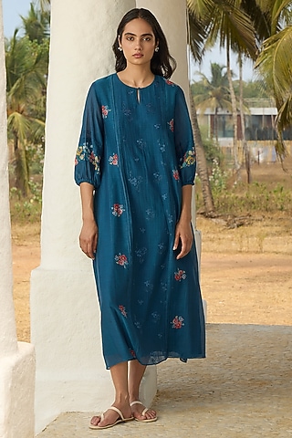 Sapphire Muslin Cotton Printed & Thread Embroidered Dress by Vaayu