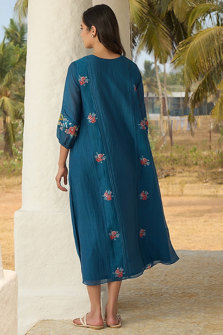 Sapphire Muslin Cotton Printed & Thread Embroidered Summer Dress by Vaayu at Pernia's Pop Up Shop