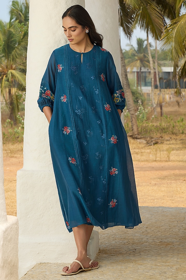 Sapphire Muslin Cotton Printed & Thread Embroidered Summer Dress by Vaayu at Pernia's Pop Up Shop