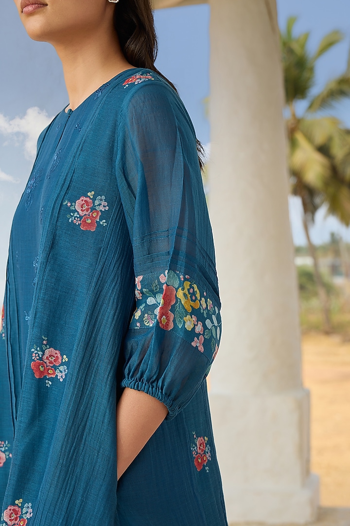 Sapphire Muslin Cotton Printed & Thread Embroidered Summer Dress by Vaayu at Pernia's Pop Up Shop