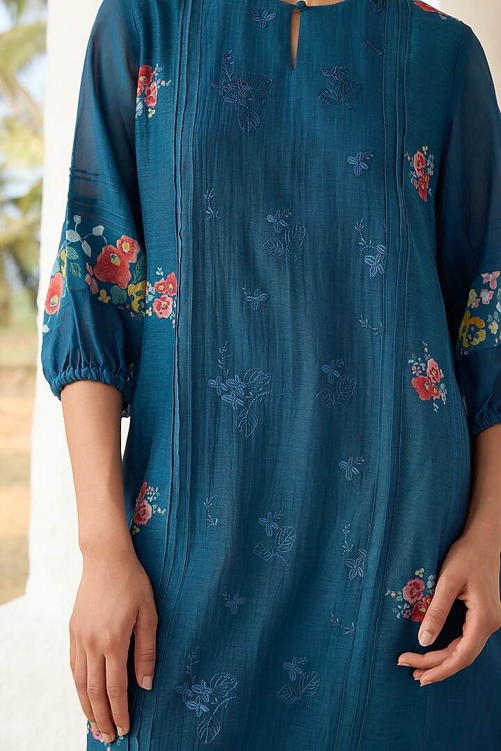 Sapphire Muslin Cotton Printed & Thread Embroidered Summer Dress by Vaayu at Pernia's Pop Up Shop