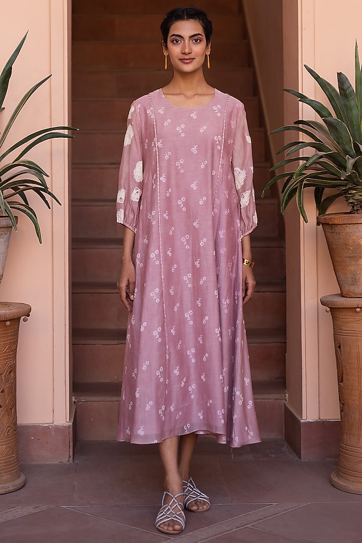 Orchid Printed & Embroidered Dress by Vaayu