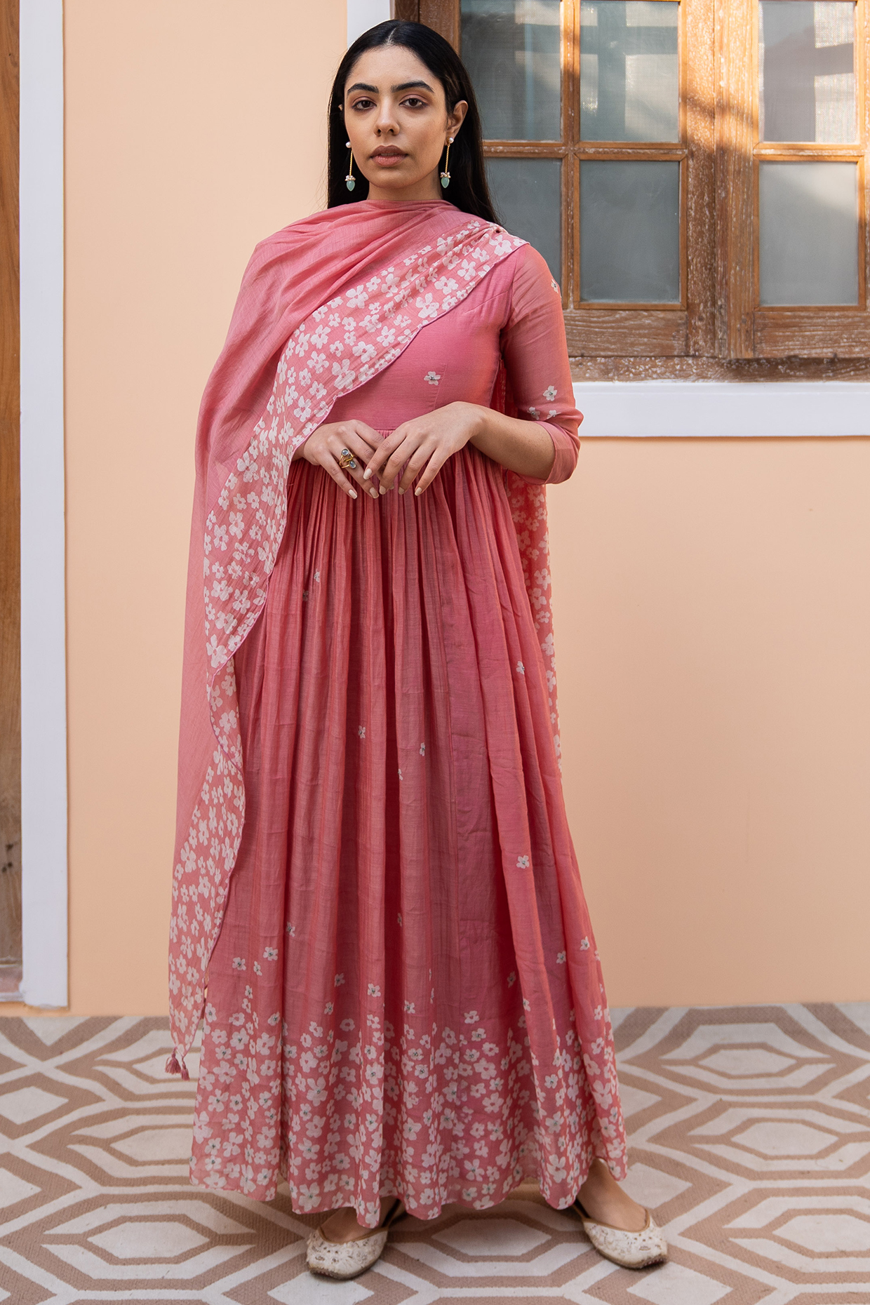 Hibiscus Pink Printed Party Wear Anarkali Set by Vaayu at Pernia's Pop Up Shop