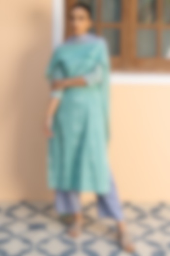 Aqua Blue Embroidered Kurta Set by Vaayu at Pernia's Pop Up Shop