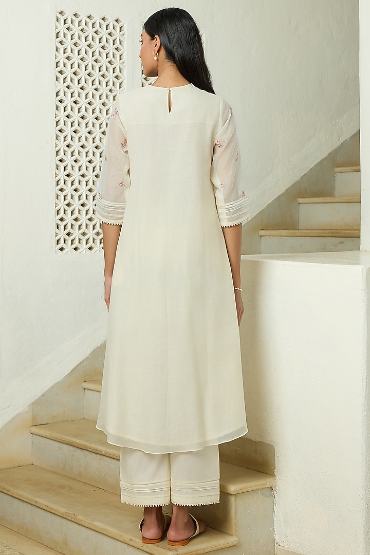 Ivory Muslin Cotton Floral Embroidered Tunic Set by Vaayu at Pernia's Pop Up Shop