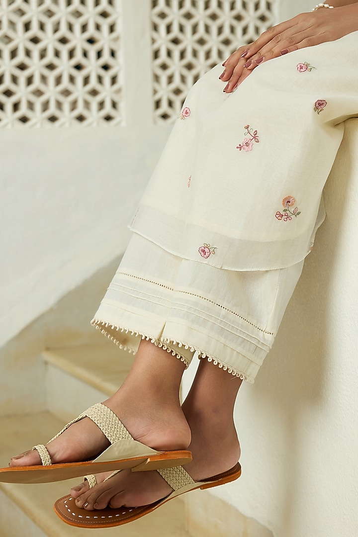 Ivory Muslin Cotton Floral Embroidered Tunic Set by Vaayu at Pernia's Pop Up Shop